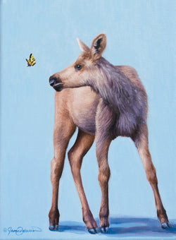 Curiosity II - Baby Moose & Butterfly - Original Oil Painting