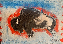 Small Buffalo, Blue - Clay, Charcoal, & Oil on Canvas