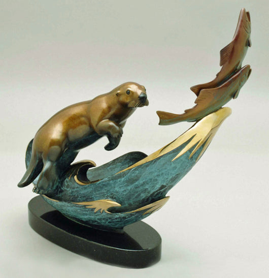Temptation - Sea Otter & Salmon Sculpture - Bronze